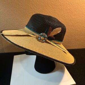 Womens Wide Brim Straw Sun Hat. Made By Straw Studios- Turquoise, Black, Concho